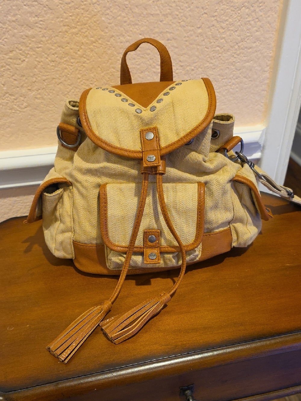 ROXI, Beige, Canvas Drawstring Backpack w Tan Leather Trim, Heavy Duty Hardware